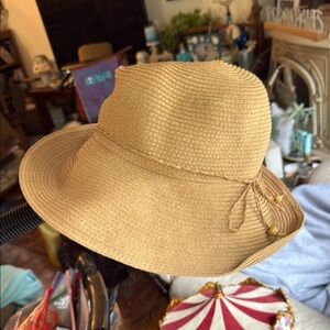 Tan Wide Brim Sun Hat with Bow Detail